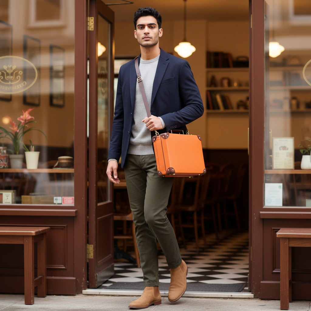 GLOBE-TROTTER Centenary Small Attaché briefcase in orange vulcanised fibreboard with brown leather trim and gold hardware. Includes detachable shoulder strap.