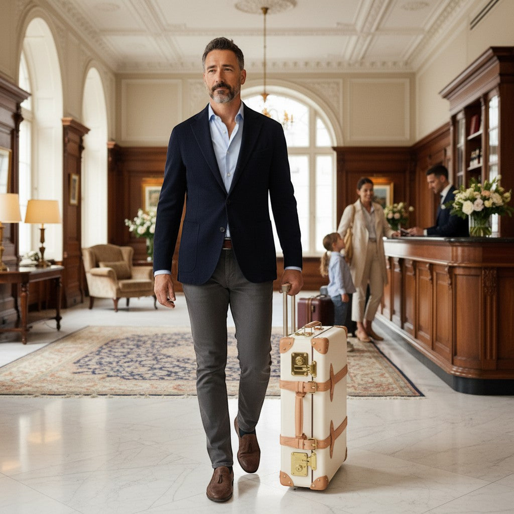 GLOBE-TROTTER Safari ivory carry-on suitcase with tan leather trim and gold hardware. Two wheels and pull handle.